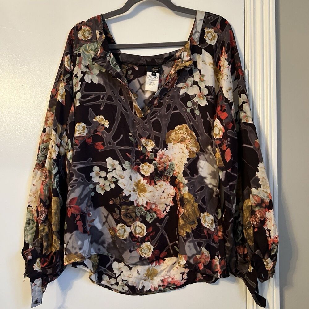 VTG JUST CAVALLI 42 Floral Fall Balloon Slv Signature 100% Silk Top Blouse GOOD